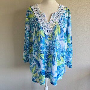 Alfred Dunner Top Tunic Bright Floral Tropical Lace Crochet 3/4 Sleeves Plus 2X